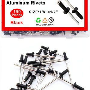 190pcs Black 1/8-1/2 Inches Aluminum Blind Rivets, 3.2-12.7 mm Pop Rivets, Aluminum Grip and Steel Mandrel-0