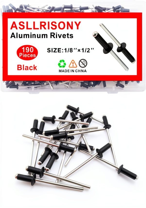 190pcs Black 1/8-1/2 Inches Aluminum Blind Rivets, 3.2-12.7 mm Pop Rivets, Aluminum Grip and Steel Mandrel-0