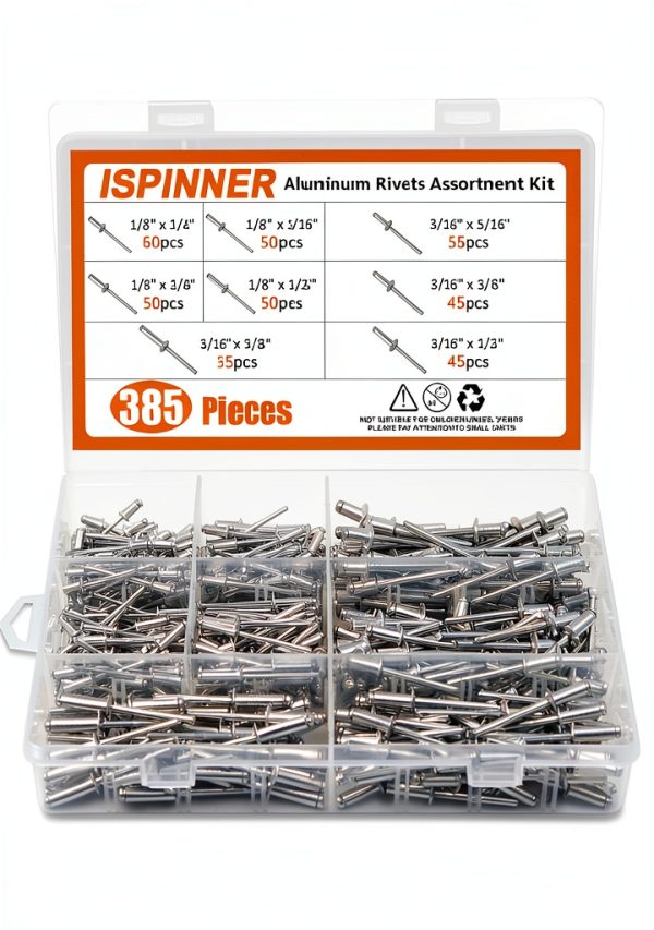 ISPINNER Aluminum Blind Rivets 385pcs Assortment Kit 8 Sizes Silver-0