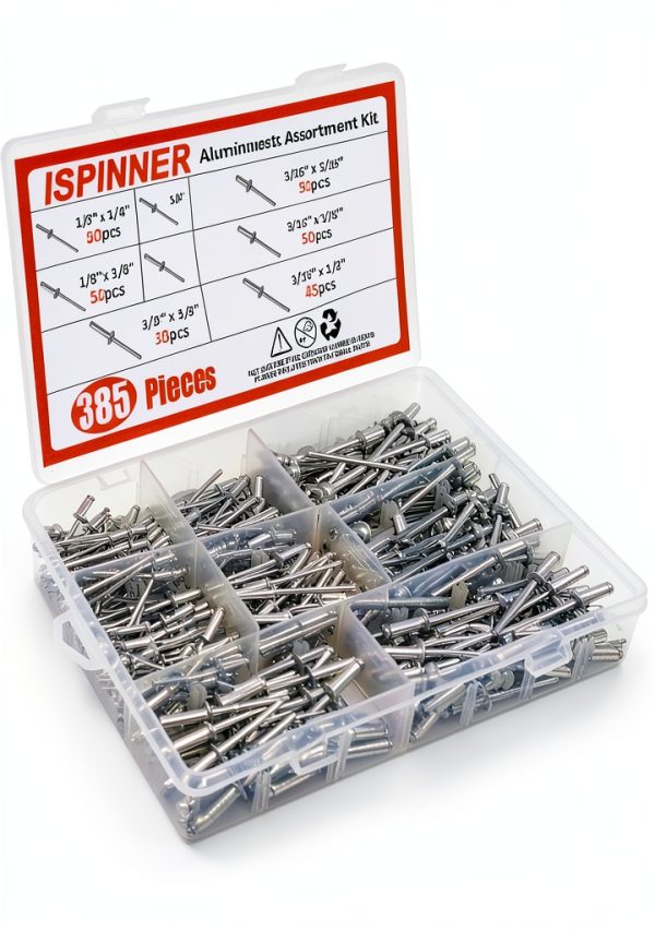ISPINNER Aluminum Blind Rivets 385pcs Assortment Kit 8 Sizes Silver-2