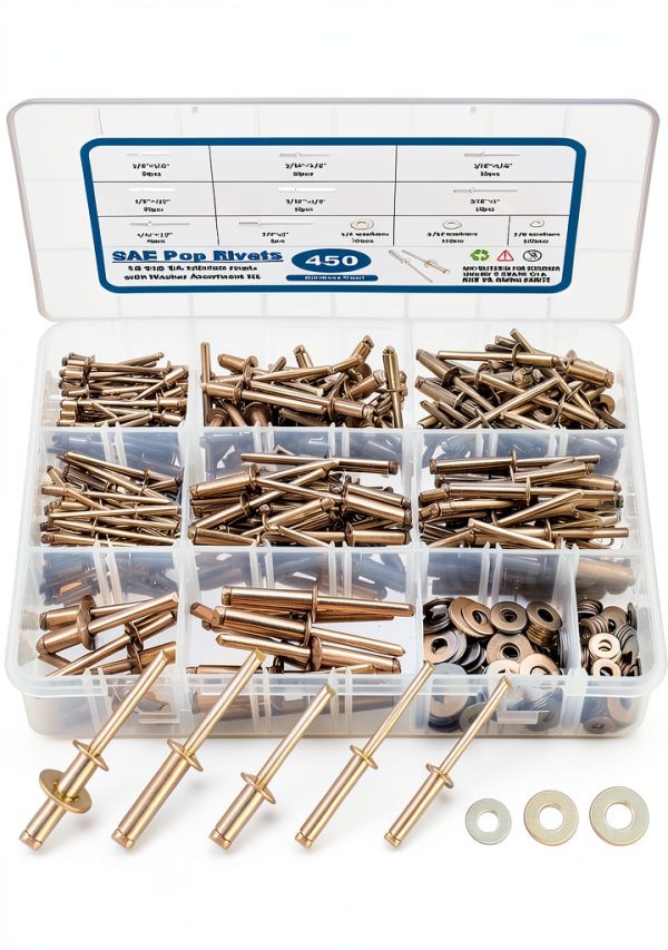 450Pcs 304 Stainless Steel Pop Rivets with Washers Assortment Kit,1/8" 3/16" 1/4" Assorted Blind Rivets 8 SAE Sizes,DIY/Home/Automotive Repairs-0