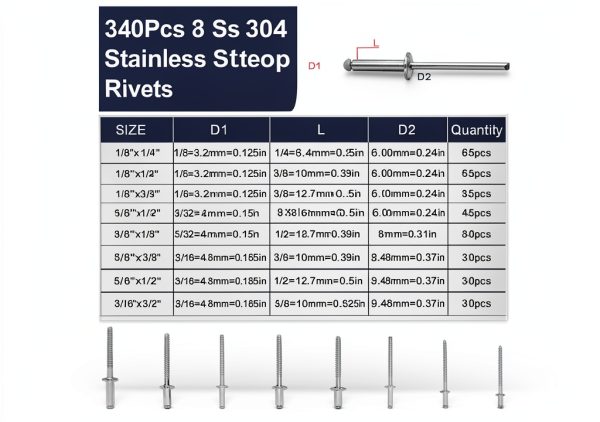Stainless Steel Pop Rivets ZQZ 680Pcs Kit 8 Sizes with Washers-1