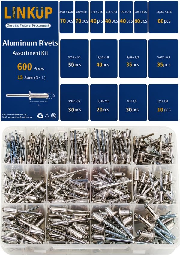 Linkup 600pcs Aluminum Pop Rivet Kit – 15 Sizes Silver Blind Rivets-0